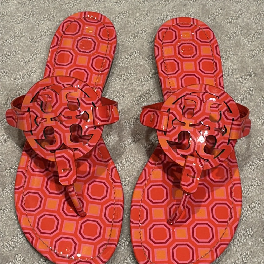 Tory Burch Pink & Orange Geometric Print Miller Sandal Sz 9